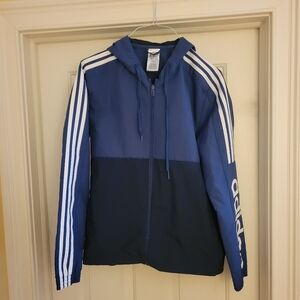 Adidas Mens Small Blue and White Hooded Jacket Zip front